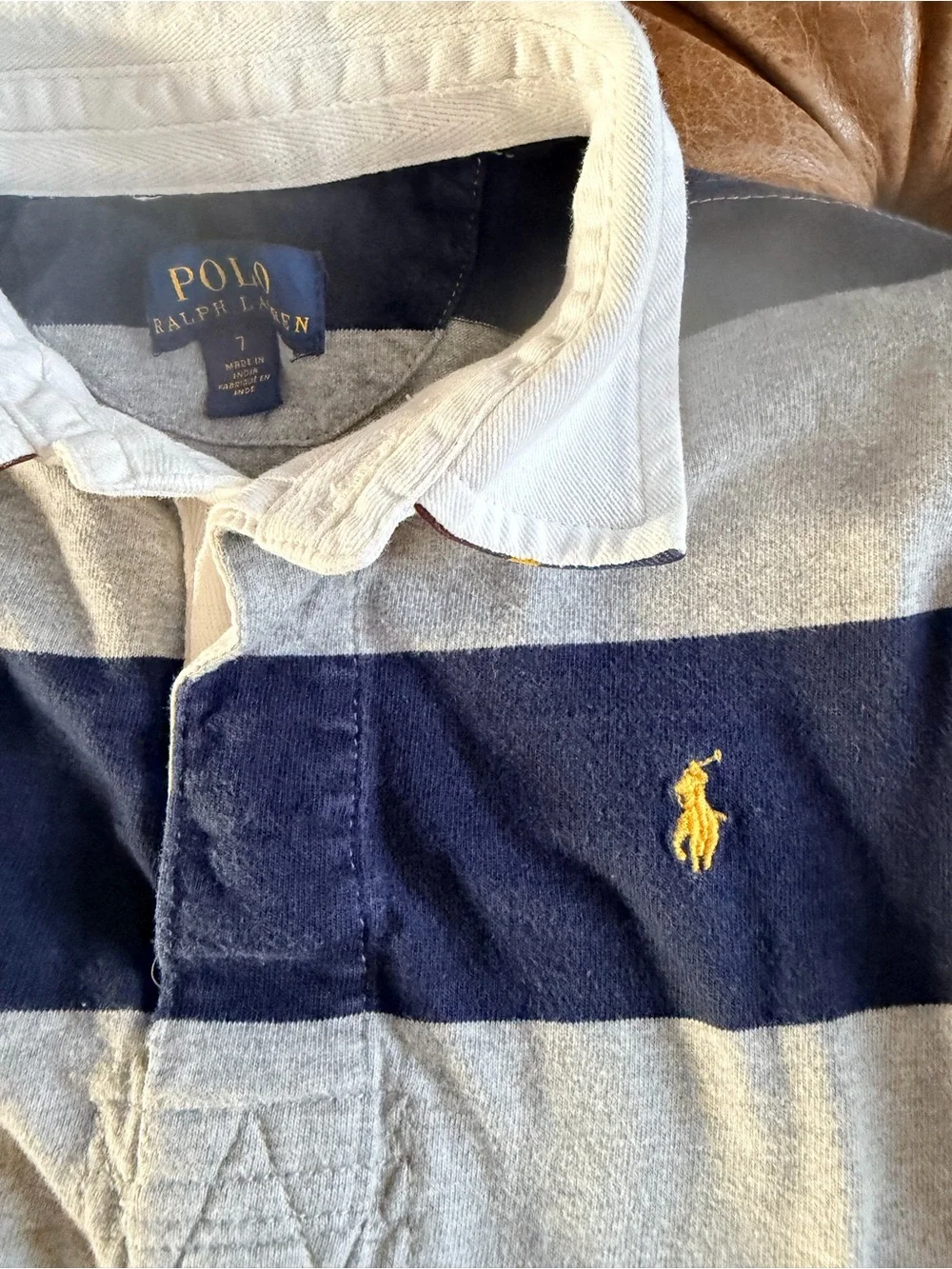 Polo Ralph Lauren Boys Rugby Shirt Size 7 Blue Gray Striped Long Sleeve Pony